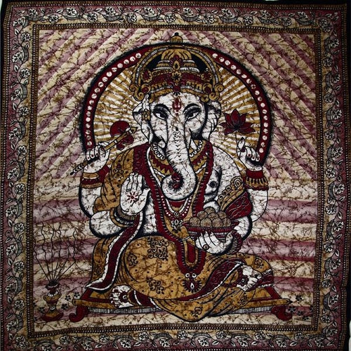 Ganesha Holding Lotus Flower In Batik Style Tie Dye Tapestry