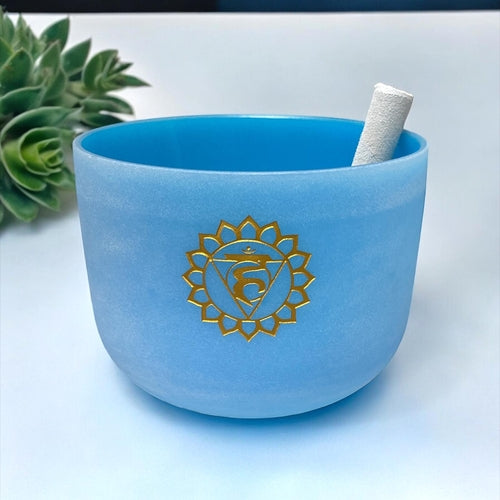 Crystal Singing Bowl with Engraved Chakra Symbol: Throat Chakra