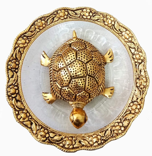 Metal Feng Shui Golden Tortoise on Glass Plate - 5.5 inches