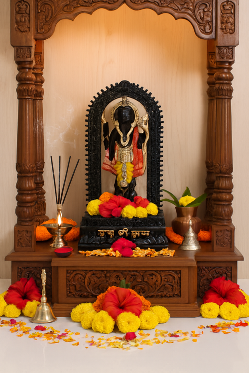 Black Stone Hindu Deity Idol in Wooden Temple