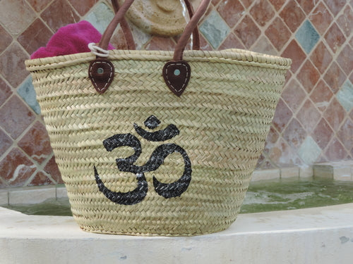 Straw Bag/Yoga Bag, Hand-Painted Black Om Symbol