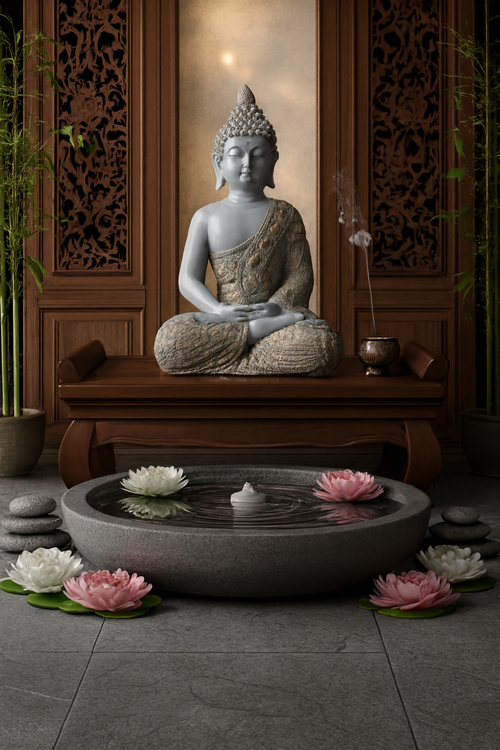 Buddha Meditation Fountain – Zen Decor with Water Basin, Lotus