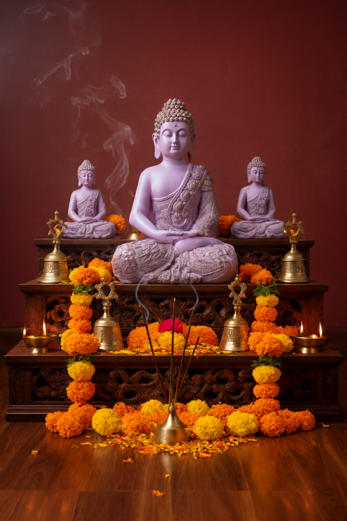 Lavender Buddha Trio Altar – Meditative Statues with Marigold
