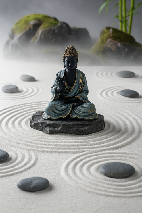 Zen Garden Buddha Statue – Meditative Figurine with Raked White Sand,