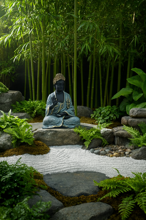Buddha Garden Statue – Meditative Figurine on Stone Platform with