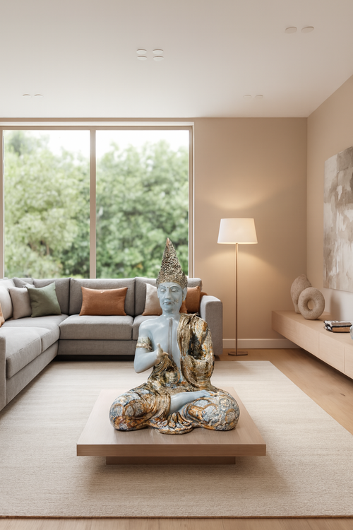 Blue-Gold Buddha Statue with Headdress – Meditative Figurine for