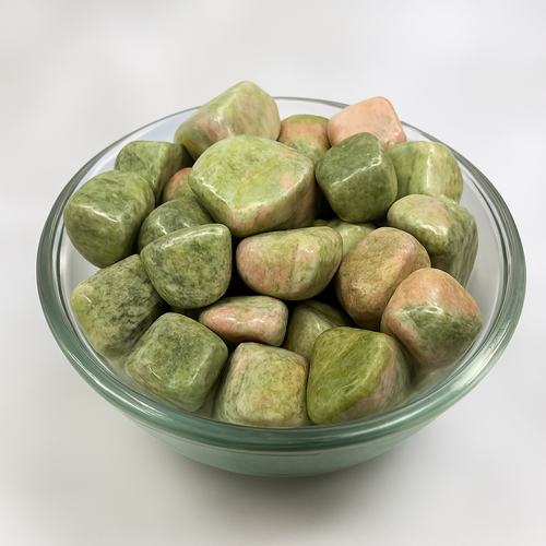 Green & Pink Tumbled Crystals – Polished Healing Stones in Glass Bowl