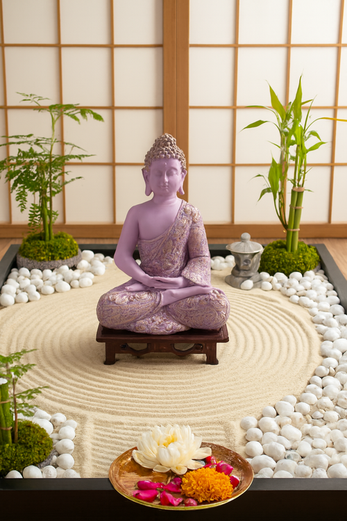 Lavender Buddha Zen Garden Statue – Meditation Figurine with Raked